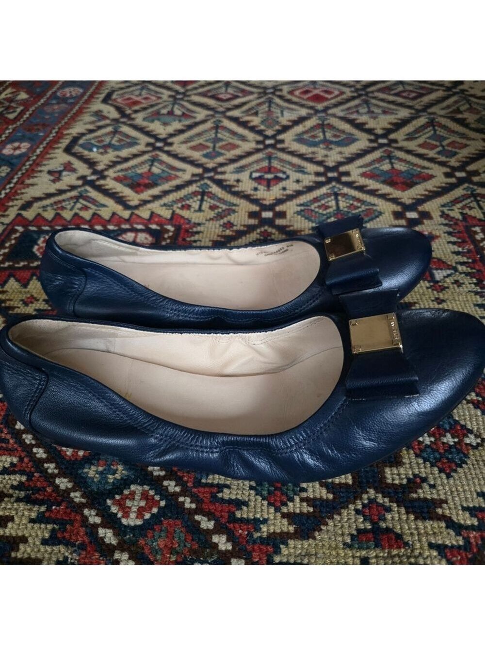 Cole Haan Emory Navy Leather Bow Gold Logo Ballet Flats - Picture 9 of 14